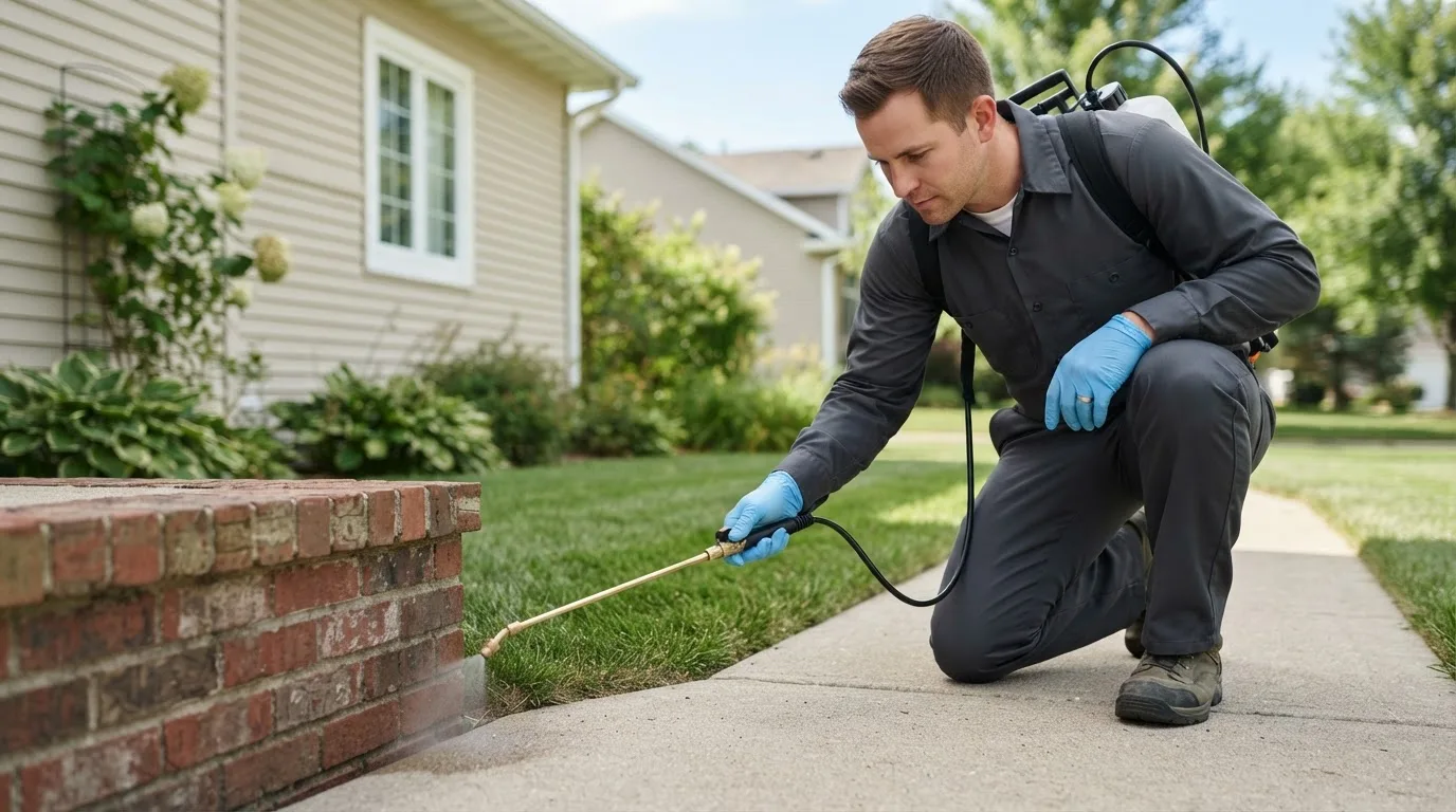 Pest control technician treating a home near Campton, NH